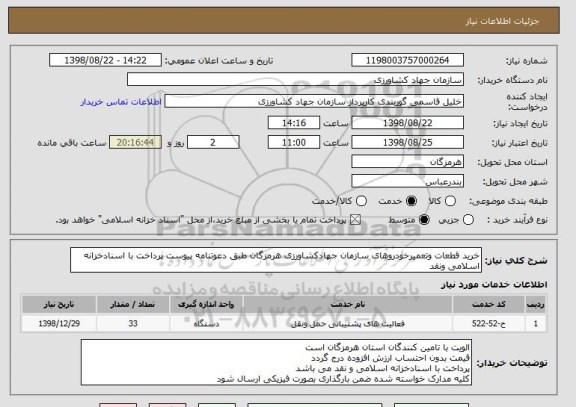 استعلام خرید قطعات وتعمیرخودروهای سازمان جهادکشاورزی هرمزگان طبق دعوتنامه پیوست پرداخت با اسنادخزانه اسلامی ونقد