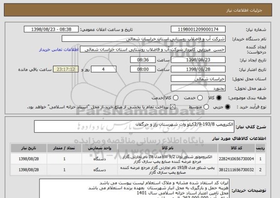 استعلام الکتروپمپ 193/8-2/9کیلو وات شهرستان راز و جرگلان