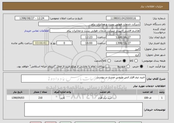 استعلام خرید نرم افزار انتی ویروس مندرج در پیوست