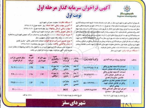 فراخوان، فراخوان سرمایه گذار احداث 75 دهنه تجاری... 