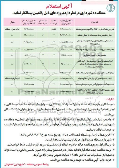 آگهی مناقصه, مناقصه لایروبی ، اصلاح هندسی و ...