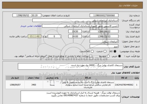 استعلام دستمال کاغذی رولی بزرگ - 3400 رول مورد نیاز است