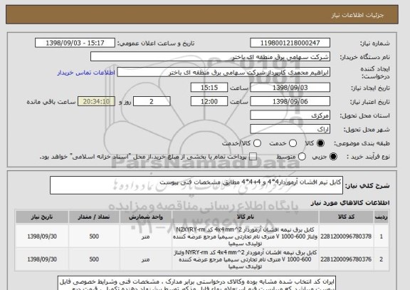 استعلام کابل نیم افشان آرموردار4*4 و 4+4*4 مطابق مشخصات فنی پیوست