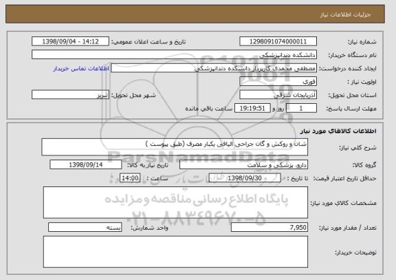 استعلام شان و روکش و گان جراحی الیافی یکبار مصرف (طبق پیوست )