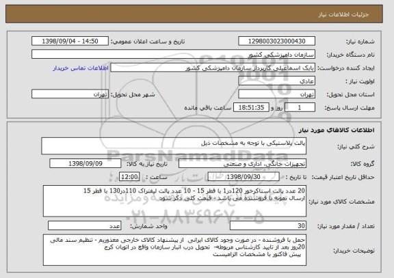 استعلام پالت پلاستیکی با توجه به مشخصات ذیل