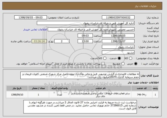 استعلام ئه مطالعات اقتصادی و گزارش توجیهی فنی و مالی واگذاری پروژه تکمیل مرکز شهرک صنعتی کاویان فریمان و حجم سرمایه گذاری 33074میلیون ریال میباشد.