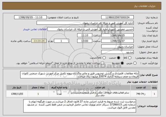 استعلام ارائه مطالعات اقتصادی و گزارش توجیهی فنی و مالی واگذاری پروژه تکمیل مرکز آموزش شهرک صنعتی کاویان فریمان و حجم سرمایه گذاری 33074 میلیون ریال میباشد.