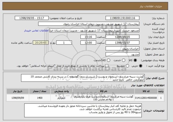 استعلام گوشت سینه مرغ بدون استخوان و پوست ( شینسل بدون گوشواره ) در بسته بندی کارتنی منجمد 10 کیلوگرمی خالص  تاریخ جدید