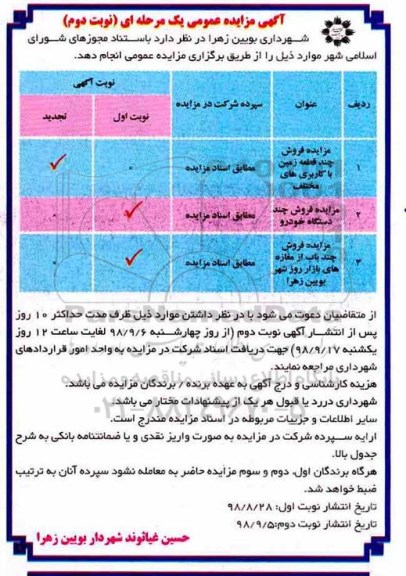 مزایده، مزایده فروش چند قطعه زمین و چند دستگاه خودرو- نوبت دوم 