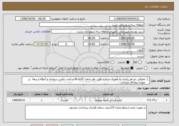 استعلام معرفی دو نفر راننده به همراه شماره تلفن .هر شفت کاری 8 ساعت .تامین سوخت و آذوقه و بیمه  بر عهده پیمانکار میباشد
