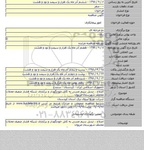 اصلاح ، تبدیل سیم مسی به کابل خودنگهدار و برکناری شبکه فشار ضعیف محلات مختلف شهرستان مریوان