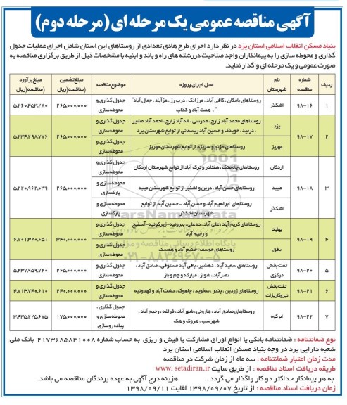 مناقصه عمومی, مناقصه اجرای طرح هادی تعدادی از روستاها - مرحله دوم 