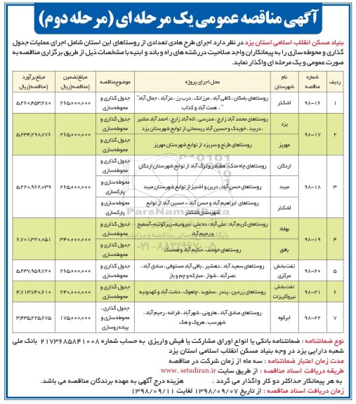 مناقصه عمومی , مناقصه اجرای طرح هادی تعدادی از روستاها مرحله دوم 