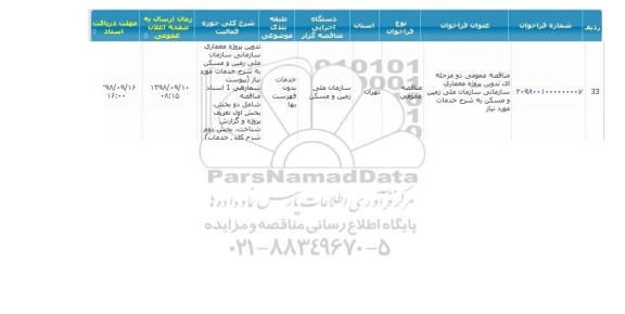 مناقصه ،مناقصه عمومی دو مرحله ای تدوین پروژه معماری سازمانی سازمان ملی