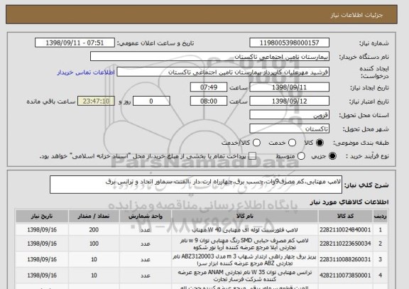 استعلام لامپ مهتابی،کم مصرف9وات،چسب برق،چهارراه ارت دار ،المنت سماور اتحاد و ترانس برق