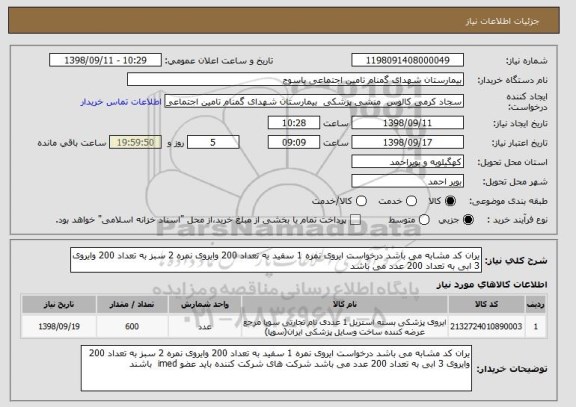 استعلام یران کد مشابه می باشد درخواست ایروی نمره 1 سفید به تعداد 200 وایروی نمره 2 سبز به تعداد 200 وایروی 3 ابی به تعداد 200 عدد می باشد