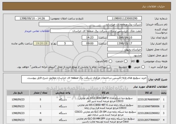 استعلام خرید سوئیچ های لایه اکسس ساختمان مرکزی شرکت برق منطقه ای خراسان مطابق شرح فایل پیوست.