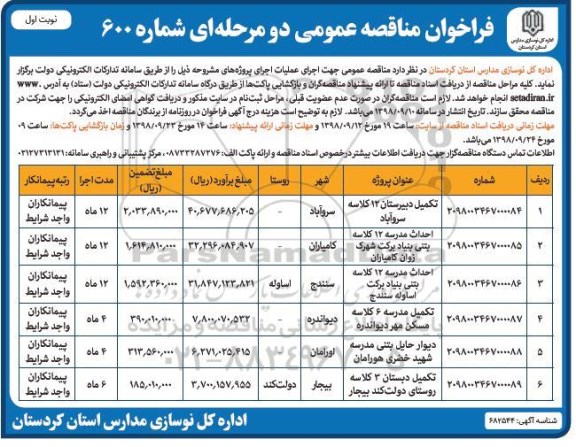 مناقصه ,مناقصه تکمیل دبیرستان 12 کلاسه ... 