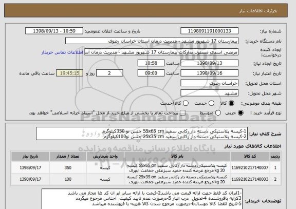 استعلام 1-کیسه پلاستیکی دسته دار رکابی سفید 55x65 cm جنس نو 350کیلوگرم 
2-کیسه پلاستیکی دسته دار رکابی سفید 25x35 cm جنس نو100کیلوگرم