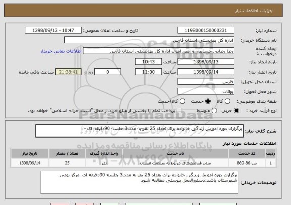 استعلام برگزاری دوره اموزش زندگی خانواده برای تعداد 25 نفر-به مدت3 جلسه 90دقیقه ای -