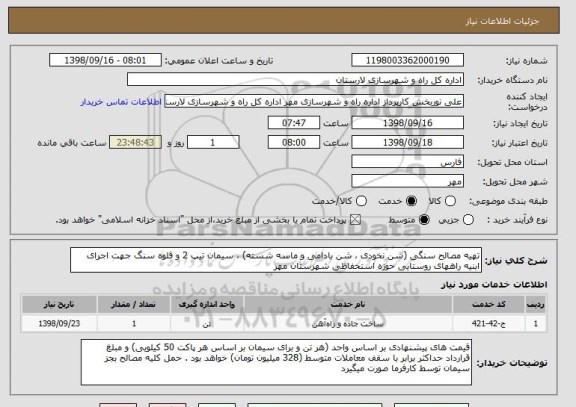 استعلام تهیه مصالح سنگی (شن نخودی ، شن بادامی و ماسه شسته) ، سیمان تیپ 2 و قلوه سنگ جهت اجرای ابنیه راههای روستایی حوزه استحفاظی شهرستان مهر