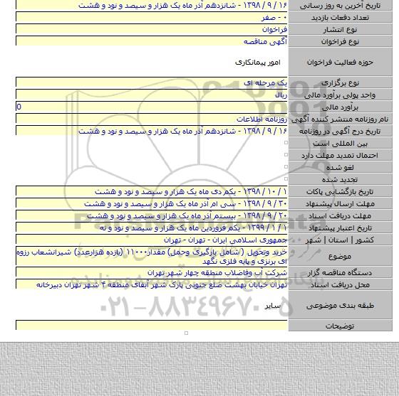 خرید وتحویل ( شامل بارگیری وحمل) مقدار۱۱۰۰۰ (یازده هزارعدد) شیرانشعاب رزوه ای برنزی و پایه فلزی نگهد