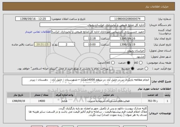 استعلام  انجام مطالعه بازنگری زیر در خلیل آباد در سطح 14000هکتار – شهرستان : خلیل آباد    دهستان : زیردر 