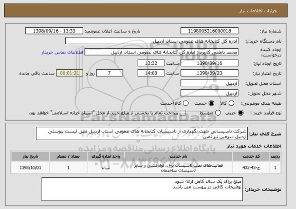 استعلام شرکت تاسیساتی جهت نگهداری از تاسیسات کتابخانه های عمومی استان اردبیل طبق لیست پیوستی اردبیل سرعین نیر نمین 