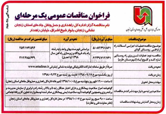 فراخوان مناقصات, مناقصه عملیات اجرایی آسفالت راه ارتباطی و ...