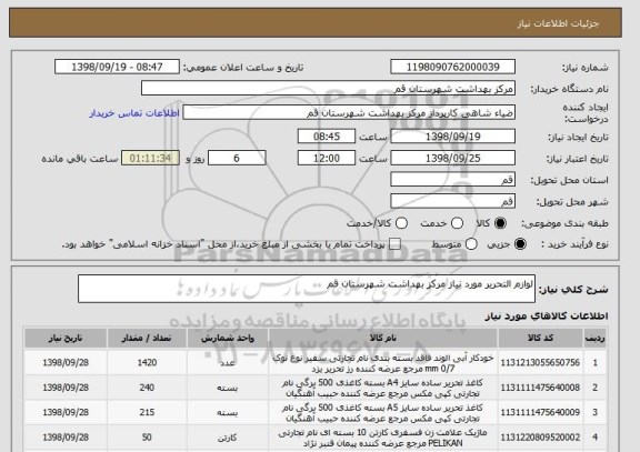 استعلام لوازم التحریر مورد نیاز مرکز بهداشت شهرستان قم 