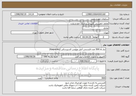 استعلام نیاز به 500 عدد لایسنس آنتی ویروس کسپرسکی (Kaspersky)