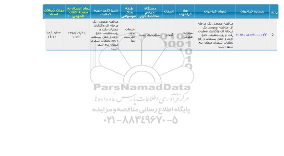 مناقصه، مناقصه واگذاری عملیات رفت و روب، تنظیف، جمع آوری و حمل پسماند ...