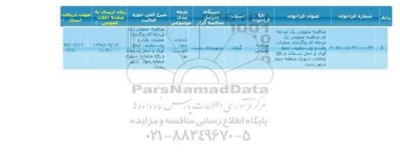 مناقصه، مناقصه واگذاری عملیات رفت و روب، تنظیف، جمع آوری و حمل پسماند ...