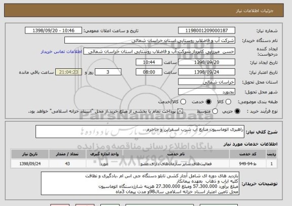 استعلام راهبری اتوماسیون منابع آب شرب اسفراین و جاجرم 