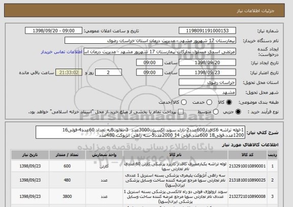 استعلام 1-لوله تراشه 6کافدار600عدد2-نازل سوند اکسیژن3000عدد  3-نلاتون8به تعداد 60عدد4-فولی16 1200عدد،فولی18 600عدد،فولی 14 2000عدد5-سه راهی انژیوکت 480عدد