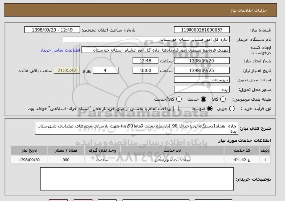 استعلام اجاره  تعداد1دستگاه لودر(حداقل90 )باراننده بمدت 3ماه(90روز) جهت بازسازی محورهای عشایری شهرستان ایذه 