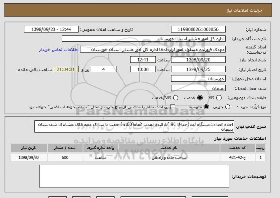 استعلام اجاره تعداد1دستگاه لودر(حداقل90 )باراننده بمدت 2ماه(60روز) جهت بازسازی محورهای عشایری شهرستان بهبهان 