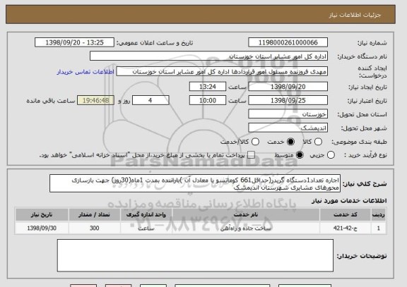 استعلام اجاره تعداد1دستگاه گریدر(حداقل661 کوماتسو یا معادل آن )باراننده بمدت 1ماه(30روز) جهت بازسازی محورهای عشایری شهرستان اندیمشک 