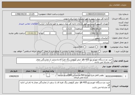 استعلام خرید دو دستگاه خوردو پژو 405 glx  صفر کیلومتر رنگ نقره ای یا سفید از نمایندگی مجاز 
کد مشابه می باشد