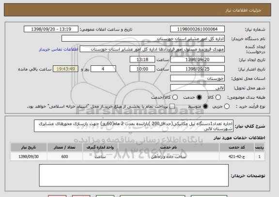 استعلام اجاره تعداد1دستگاه بیل مکانیکی(حداقل200 )باراننده بمدت 2 ماه(60روز) جهت بازسازی محورهای عشایری شهرستان لالی 