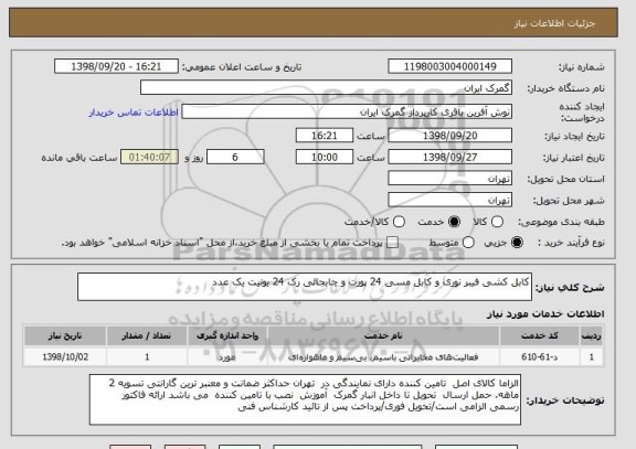 استعلام کابل کشی فیبر نوری و کابل مسی 24 پورت و چابجائی رک 24 یونیت یک عدد