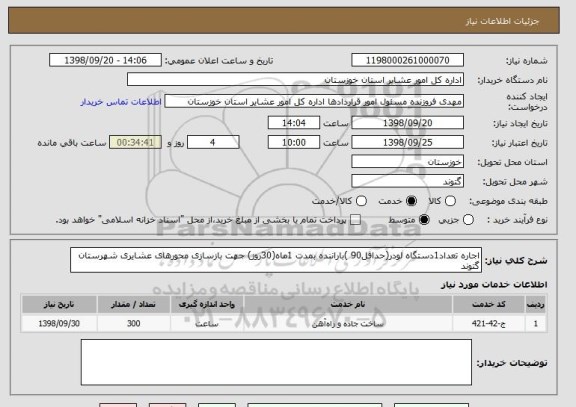 استعلام اجاره تعداد1دستگاه لودر(حداقل90 )باراننده بمدت 1ماه(30روز) جهت بازسازی محورهای عشایری شهرستان گتوند 