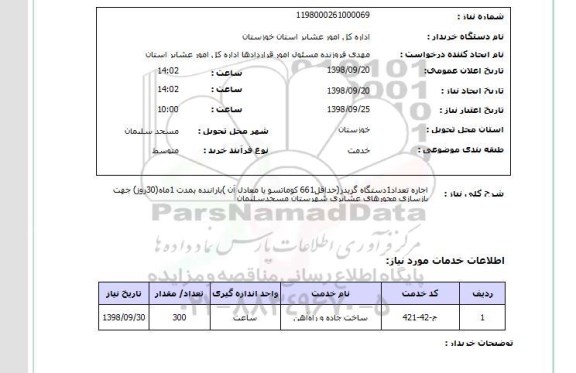 استعلام اجاره تعداد1دستگاه گریدر(حداقل661 کوماتسو یا معادل آن )باراننده بمدت 1ماه(30روز) جهت بازسازی محورهای عشایری شهرستان مسجدسلیمان 