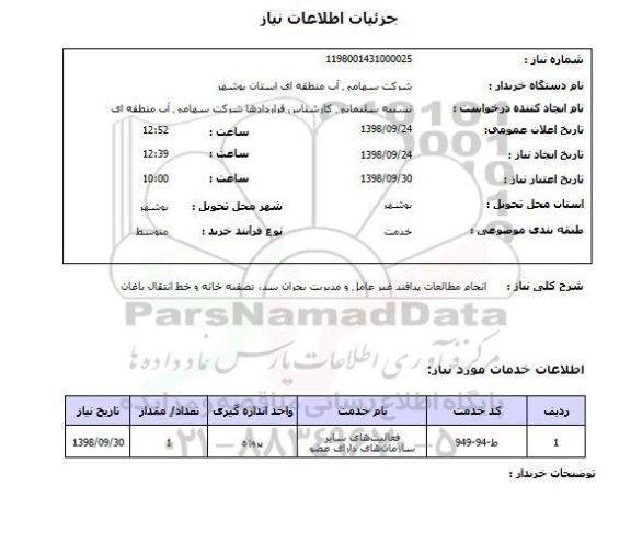 استعلام انجام مطالعات پدافند غیر عامل و مدیریت بحران سد، تصفیه خانه و خط انتقال باغان