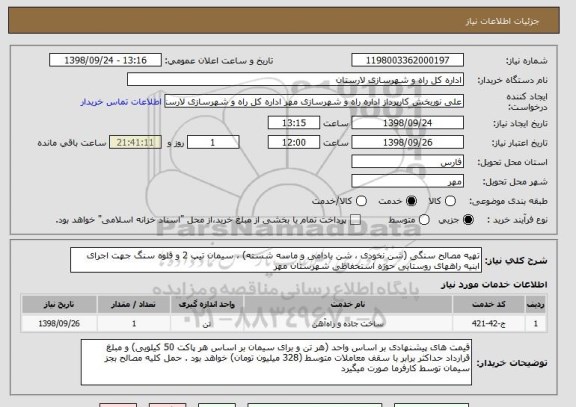 استعلام تهیه مصالح سنگی (شن نخودی ، شن بادامی و ماسه شسته) ، سیمان تیپ 2 و قلوه سنگ جهت اجرای ابنیه راههای روستایی حوزه استحفاظی شهرستان مهر