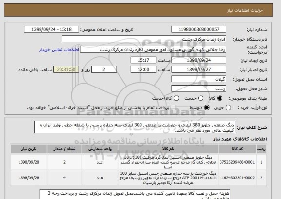 استعلام دیگ صنعتی چلوپز 380 لیتری و خورشت پز صنعتی 300 لیتری سه جداره پرسی با شعله خطی تولید ایران و کیفیت عالی مورد نظر می باشد.