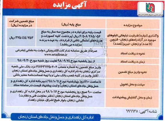 مزایده, مزایده واگذاری اجاره ظرفیت تبلیغاتی تابلوهای موجود