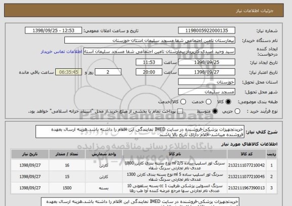 استعلام خریدتجهیزات پزشکی-فروشنده در سایت IMED نمایندگی این اقلام را داشته باشد.هزینه ارسال بعهده فروشنده میباشد-اقلام دارای تاریخ بالا باشند