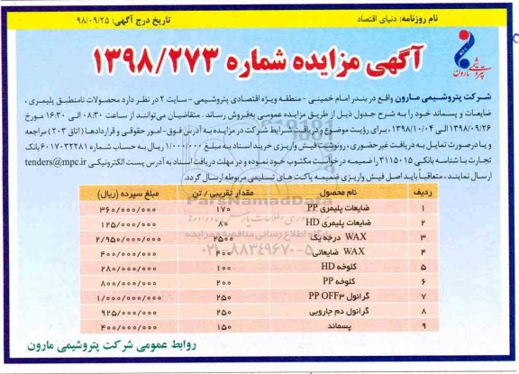 مزایده محصولات نامنطبق پلیمری ، ضایعات و پسماند