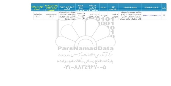 مناقصه  عملیات اجرای شبکه و انشعابات فاضلاب خانگی